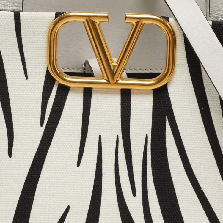 Pre Owned Valentino VLogo Small White/Black Zebra Print Canvas and Leather Tote