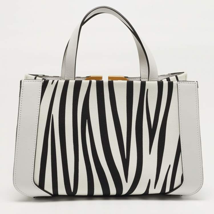 Pre Owned Valentino VLogo Small White/Black Zebra Print Canvas and Leather Tote