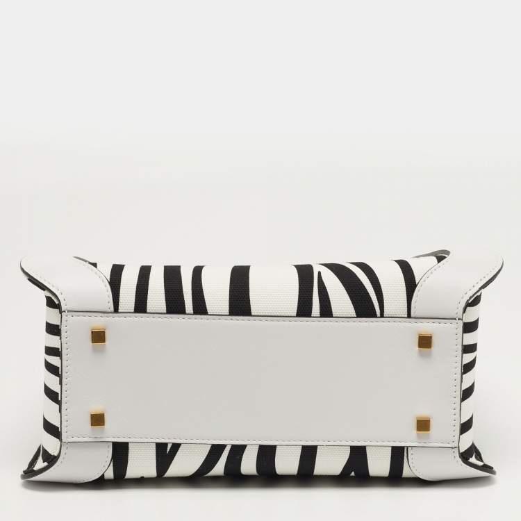 Pre Owned Valentino VLogo Small White/Black Zebra Print Canvas and Leather Tote