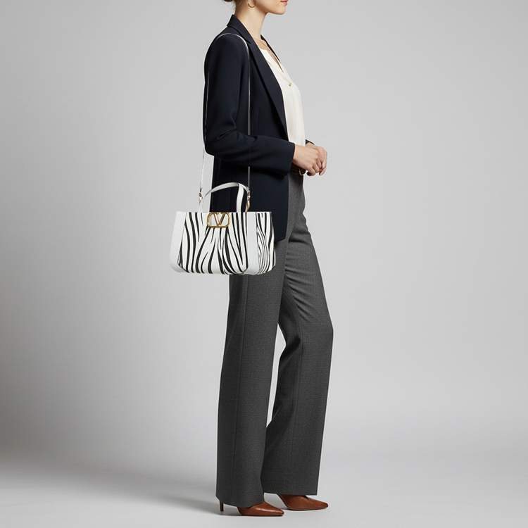 Pre Owned Valentino VLogo Small White/Black Zebra Print Canvas and Leather Tote