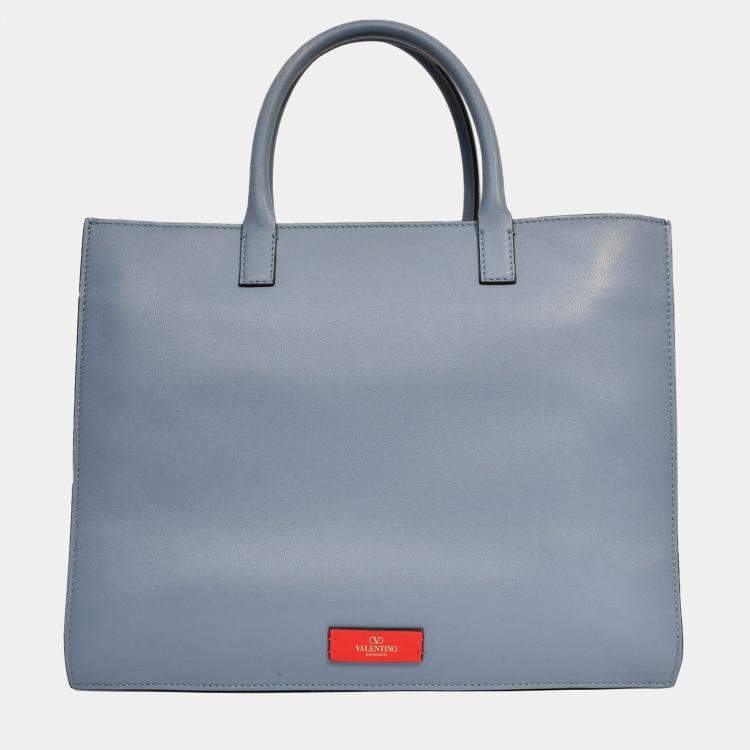Pre Owned Valentino Blue Smooth Leather 'V' Logo Tote