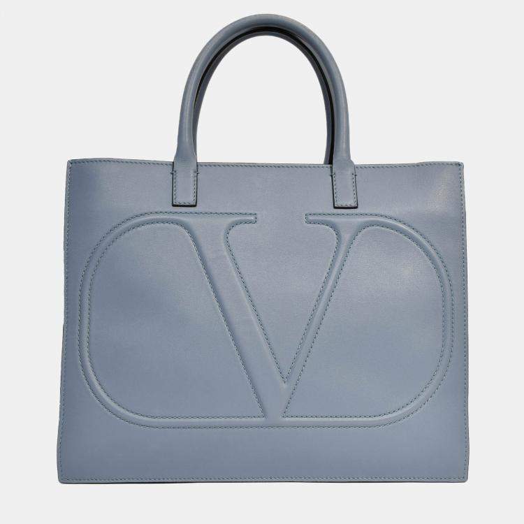 Pre Owned Valentino Blue Smooth Leather 'V' Logo Tote