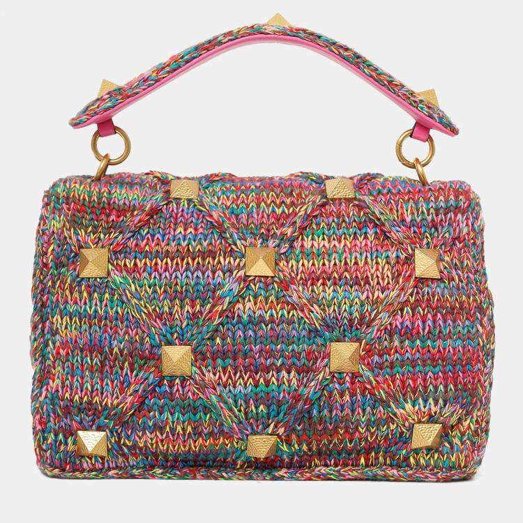 Pre Owned Valentino Multicolour Roman Stud Woven Handle Bag