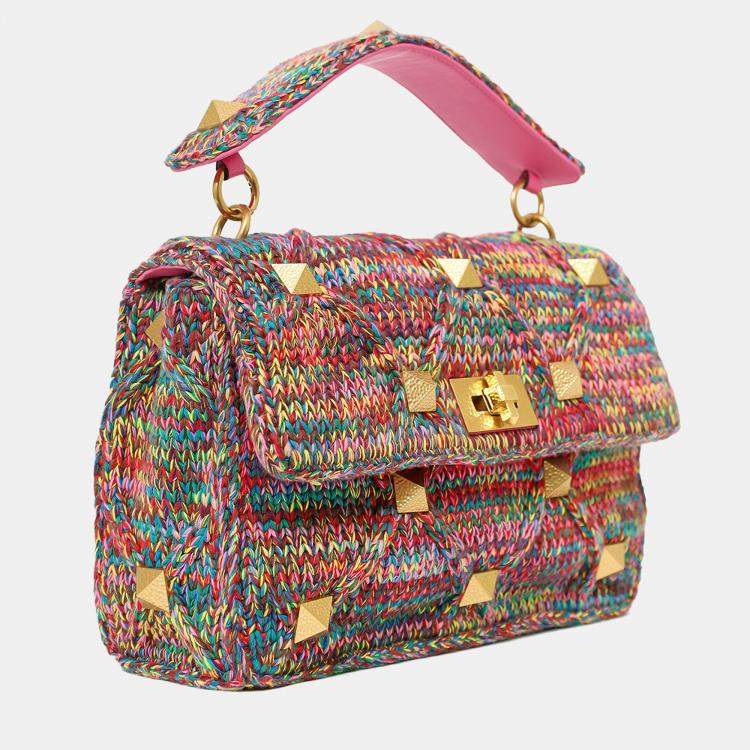 Pre Owned Valentino Multicolour Roman Stud Woven Handle Bag