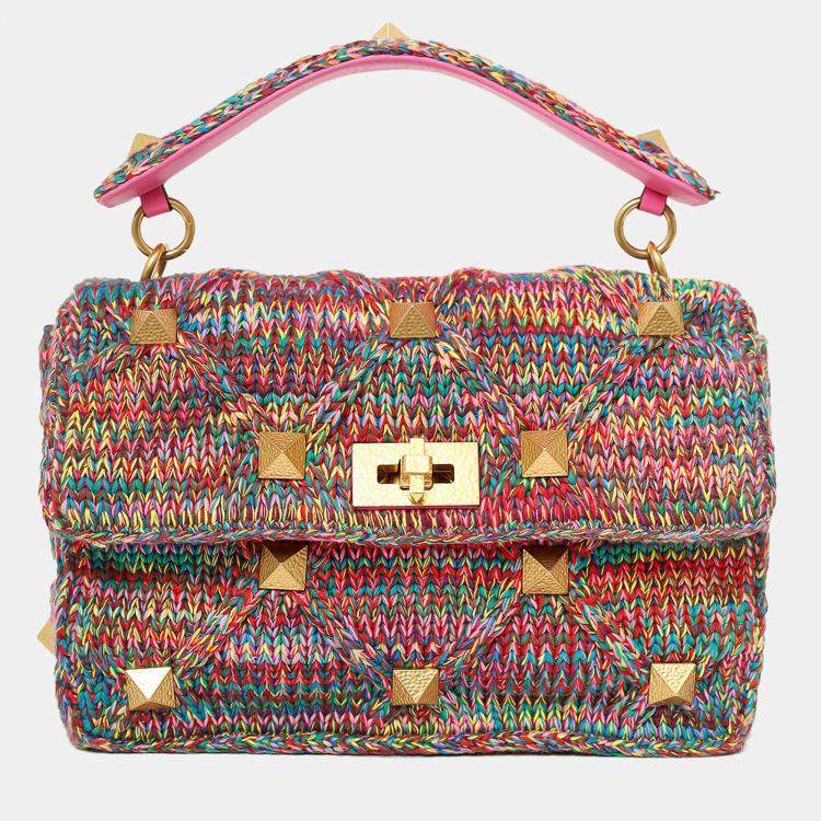 Pre Owned Valentino Multicolour Roman Stud Woven Handle Bag