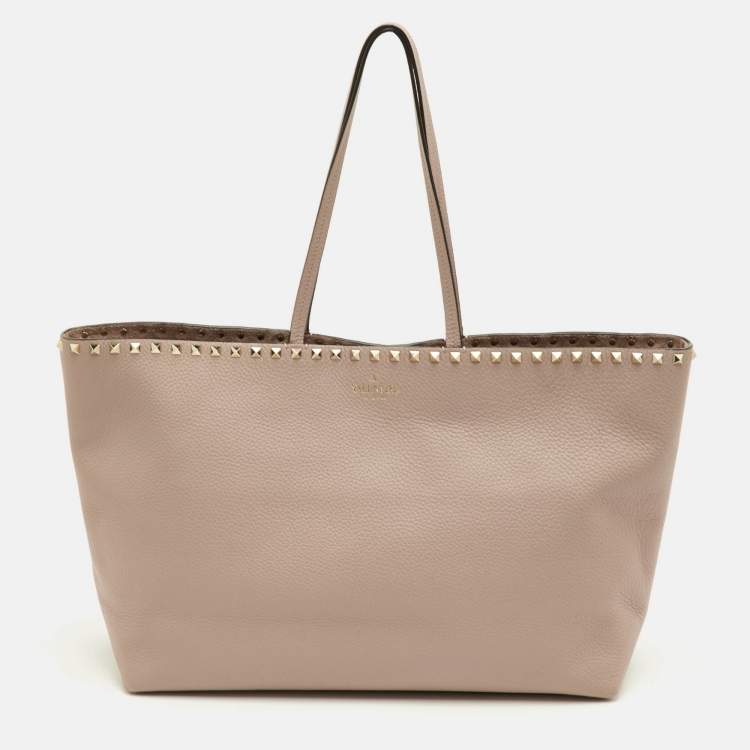 Pre Owned Valentino Rockstud Beige Leather Shopper Tote