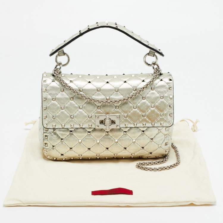 Pre Owned Valentino Rockstud Spike Medium Silver Quilted Leather Shoulder Bag