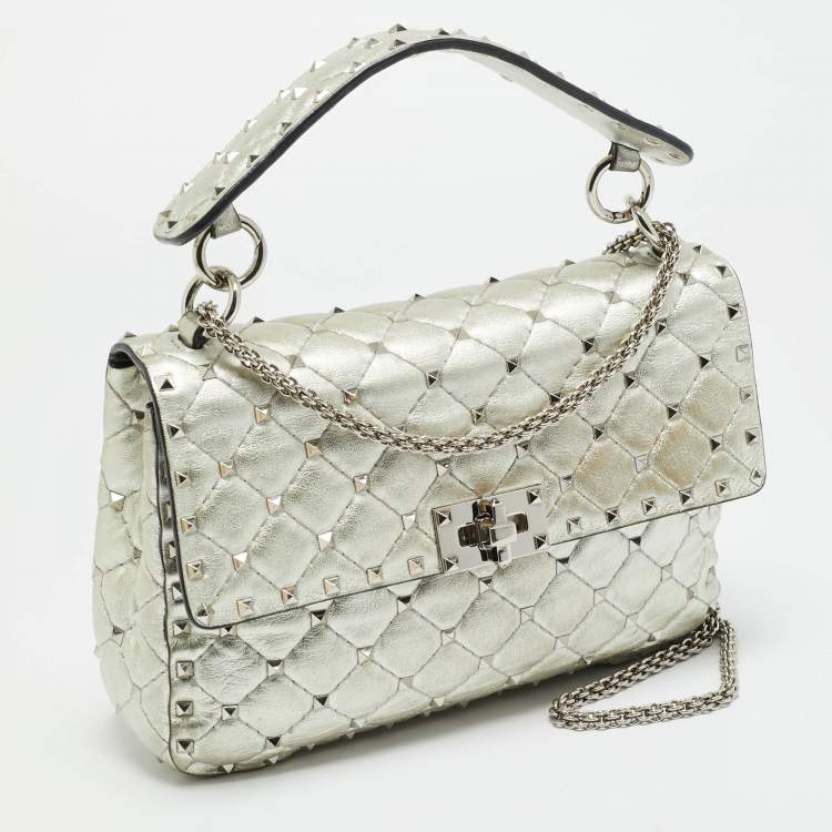 Pre Owned Valentino Rockstud Spike Medium Silver Quilted Leather Shoulder Bag