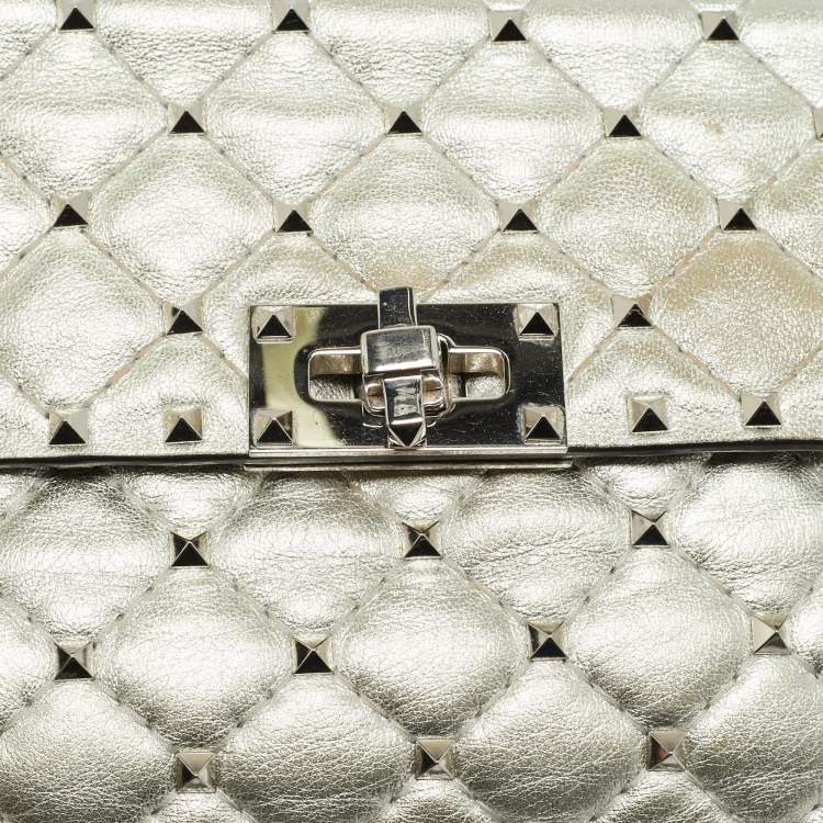 Pre Owned Valentino Rockstud Spike Medium Silver Quilted Leather Shoulder Bag