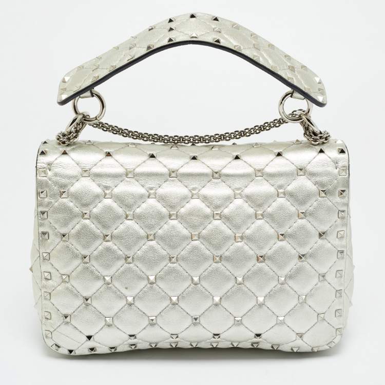 Pre Owned Valentino Rockstud Spike Medium Silver Quilted Leather Shoulder Bag
