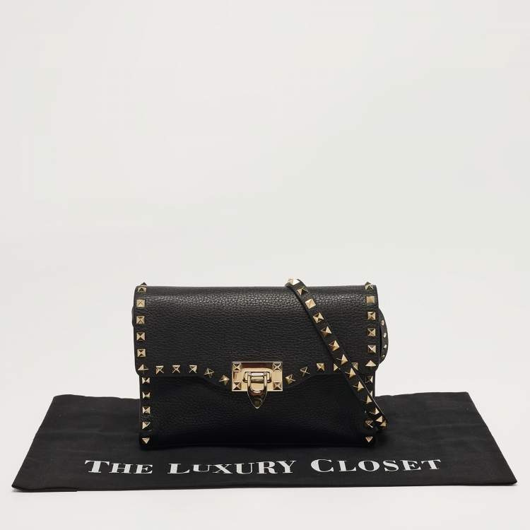 Pre Owned Valentino Rockstud Flap Black Leather Crossbody Bag