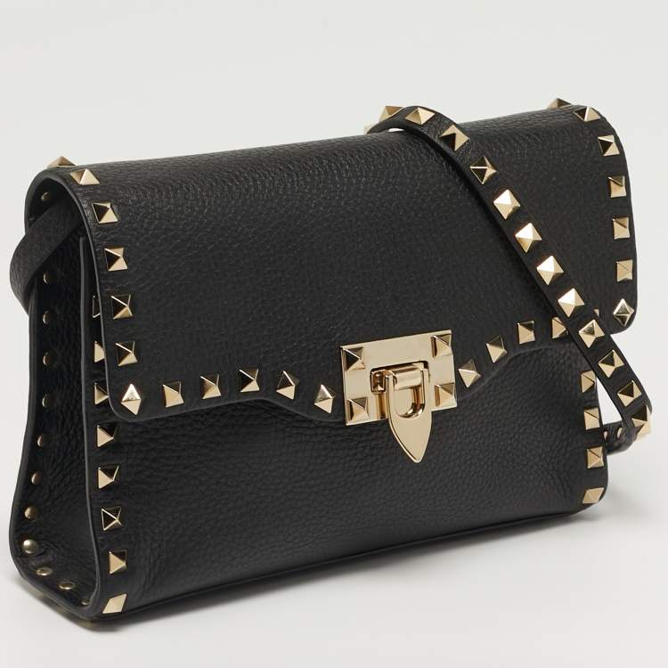 Pre Owned Valentino Rockstud Flap Black Leather Crossbody Bag