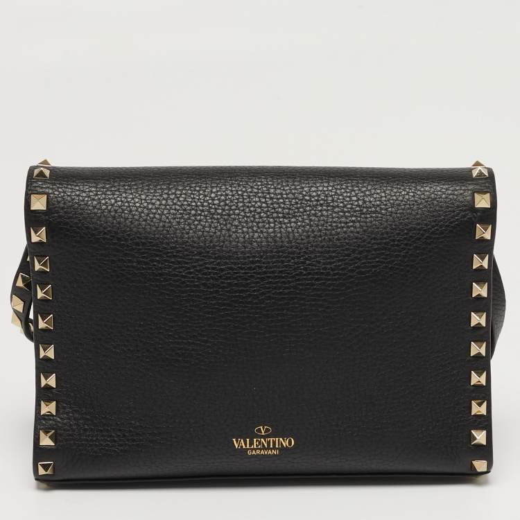 Pre Owned Valentino Rockstud Flap Black Leather Crossbody Bag