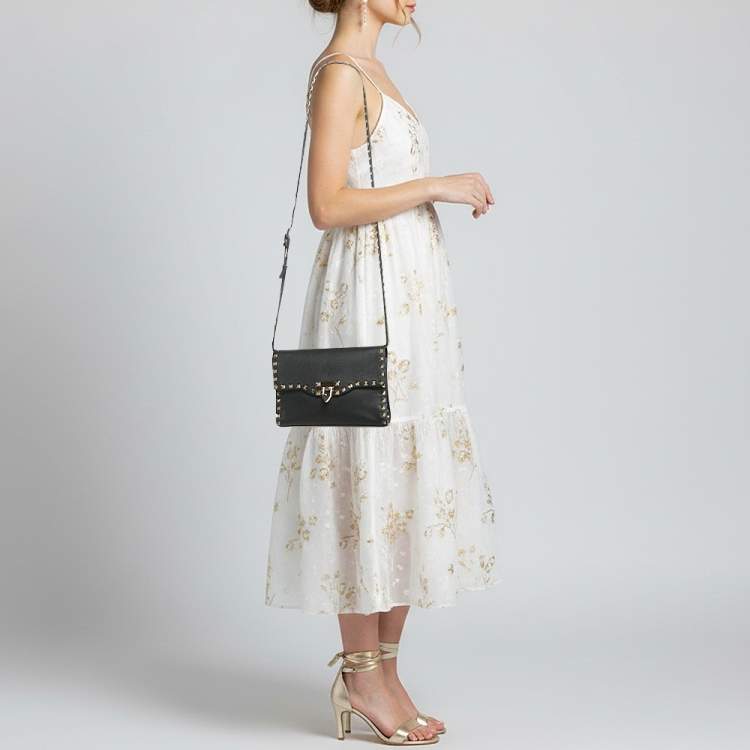 Pre Owned Valentino Rockstud Flap Black Leather Crossbody Bag