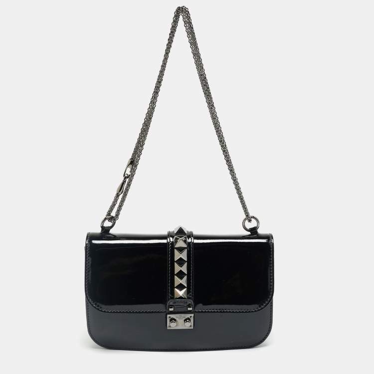 Pre Owned Valentino Rockstud Glam Lock Medium Black Patent Leather Flap Bag