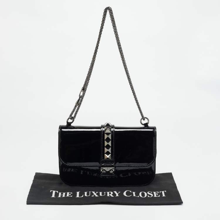 Pre Owned Valentino Rockstud Glam Lock Medium Black Patent Leather Flap Bag
