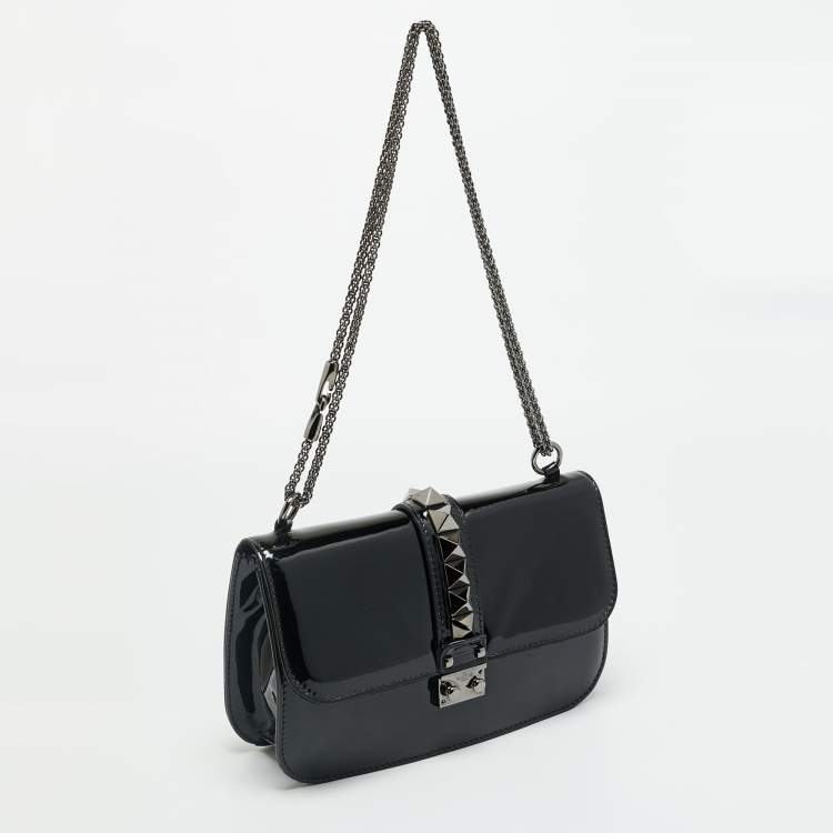 Pre Owned Valentino Rockstud Glam Lock Medium Black Patent Leather Flap Bag