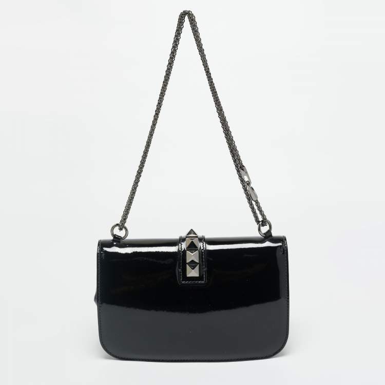 Pre Owned Valentino Rockstud Glam Lock Medium Black Patent Leather Flap Bag