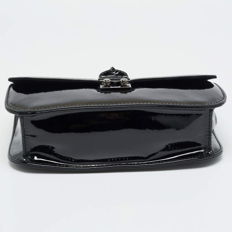 Pre Owned Valentino Rockstud Glam Lock Medium Black Patent Leather Flap Bag