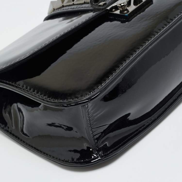 Pre Owned Valentino Rockstud Glam Lock Medium Black Patent Leather Flap Bag