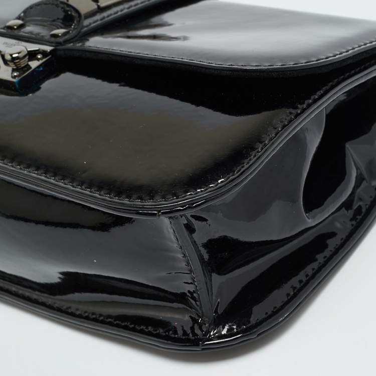 Pre Owned Valentino Rockstud Glam Lock Medium Black Patent Leather Flap Bag