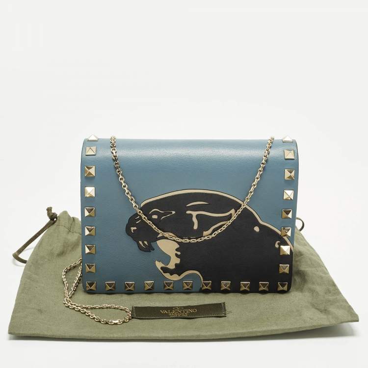 مملوكة مسبقًا حقيبة كلتش فالنتينو روكستد جلد أسود سلسلة