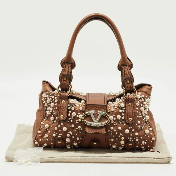 Pre Owned Valentino Crystal Catch Brown Leather Studded Pearl Satchel