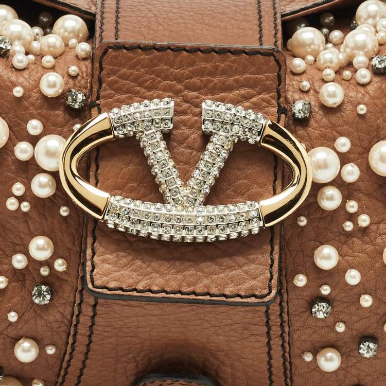 Pre Owned Valentino Crystal Catch Brown Leather Studded Pearl Satchel