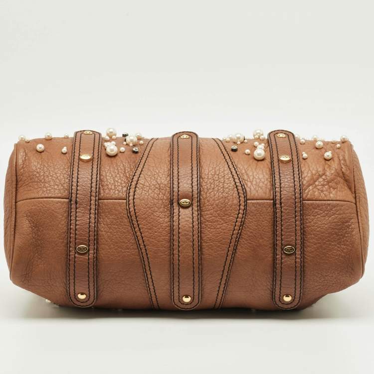 Pre Owned Valentino Crystal Catch Brown Leather Studded Pearl Satchel