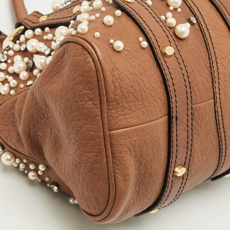 Pre Owned Valentino Crystal Catch Brown Leather Studded Pearl Satchel
