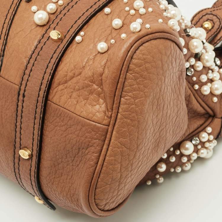 Pre Owned Valentino Crystal Catch Brown Leather Studded Pearl Satchel