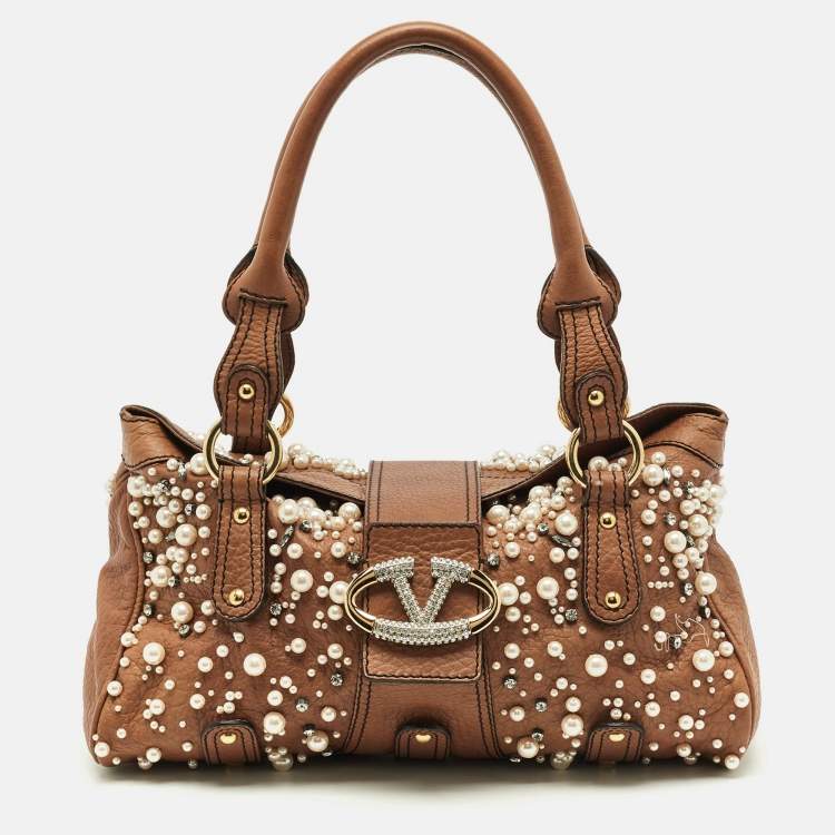 Pre Owned Valentino Crystal Catch Brown Leather Studded Pearl Satchel