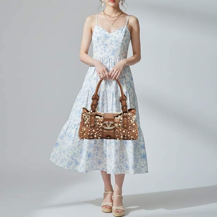 Pre Owned Valentino Crystal Catch Brown Leather Studded Pearl Satchel