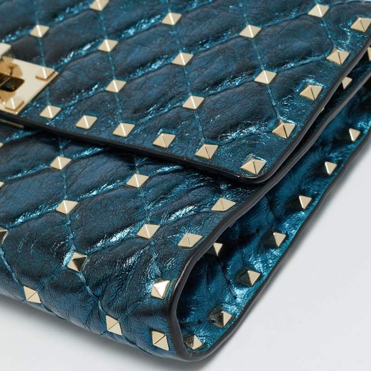 Pre Owned Valentino Rockstud Spike Metallic Blue Quilted Leather Chain Clutch