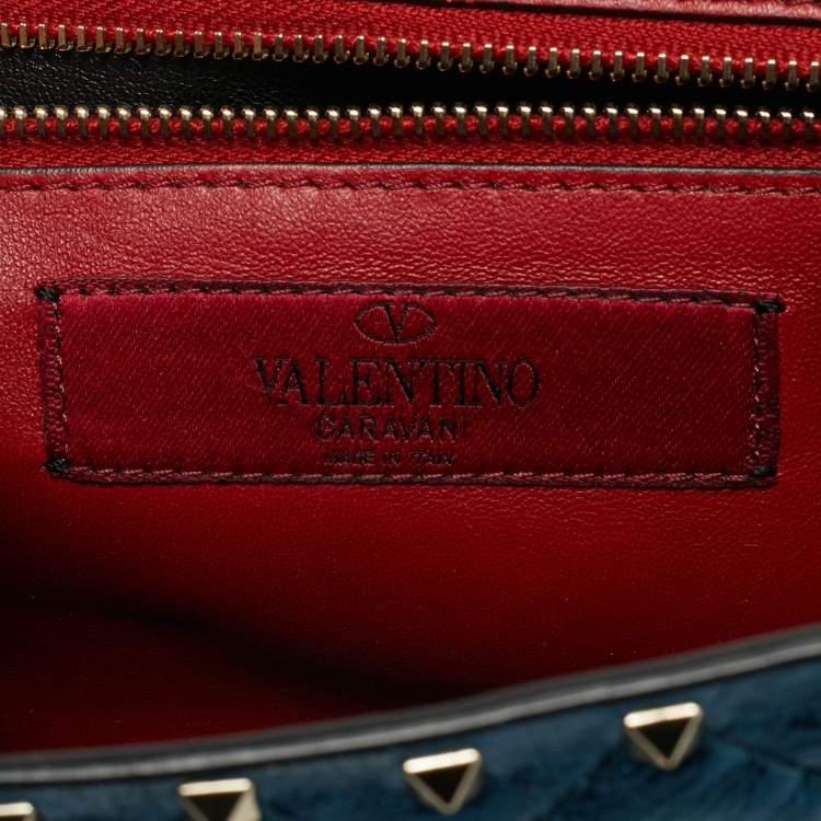 Pre Owned Valentino Rockstud Spike Metallic Blue Quilted Leather Chain Clutch