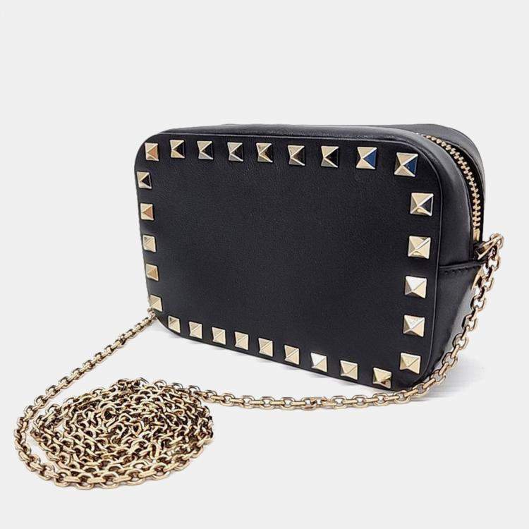 Pre Owned Valentino Black Leather Rockstud Chain Mini Crossbody Bag