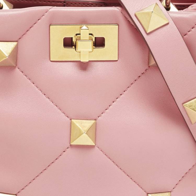 Pre Owned Valentino Roman Stud Small Pink Quilted Leather Top Handle Bag
