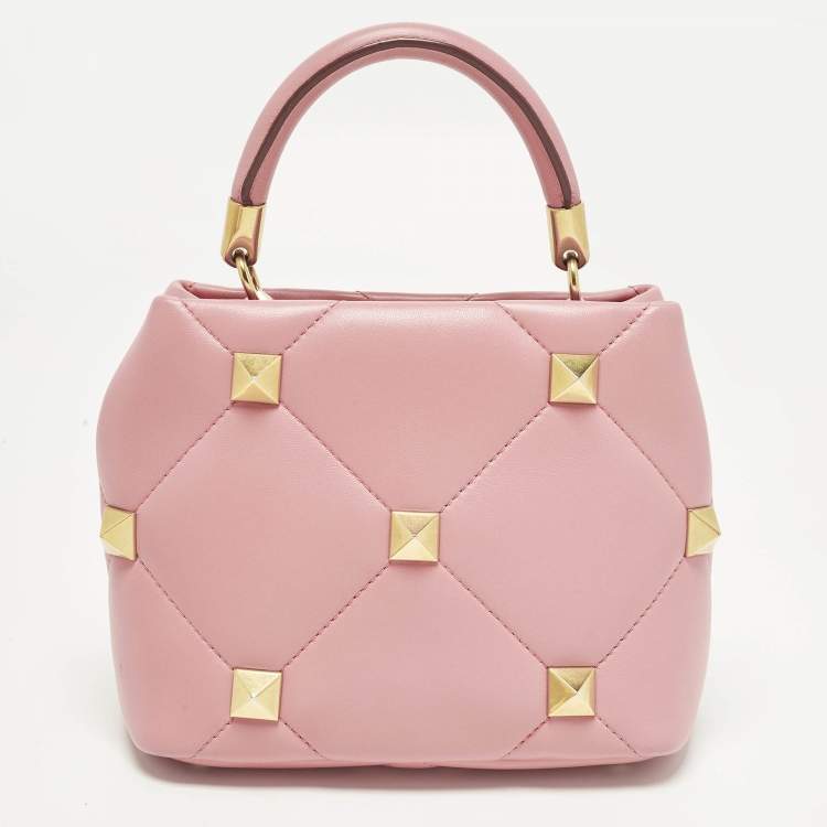 Pre Owned Valentino Roman Stud Small Pink Quilted Leather Top Handle Bag