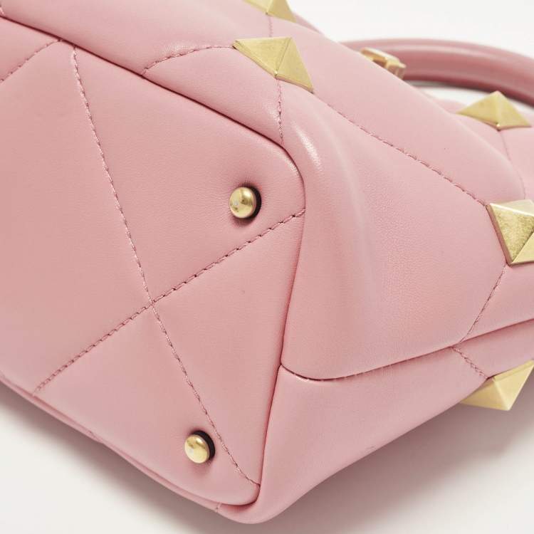 Pre Owned Valentino Roman Stud Small Pink Quilted Leather Top Handle Bag