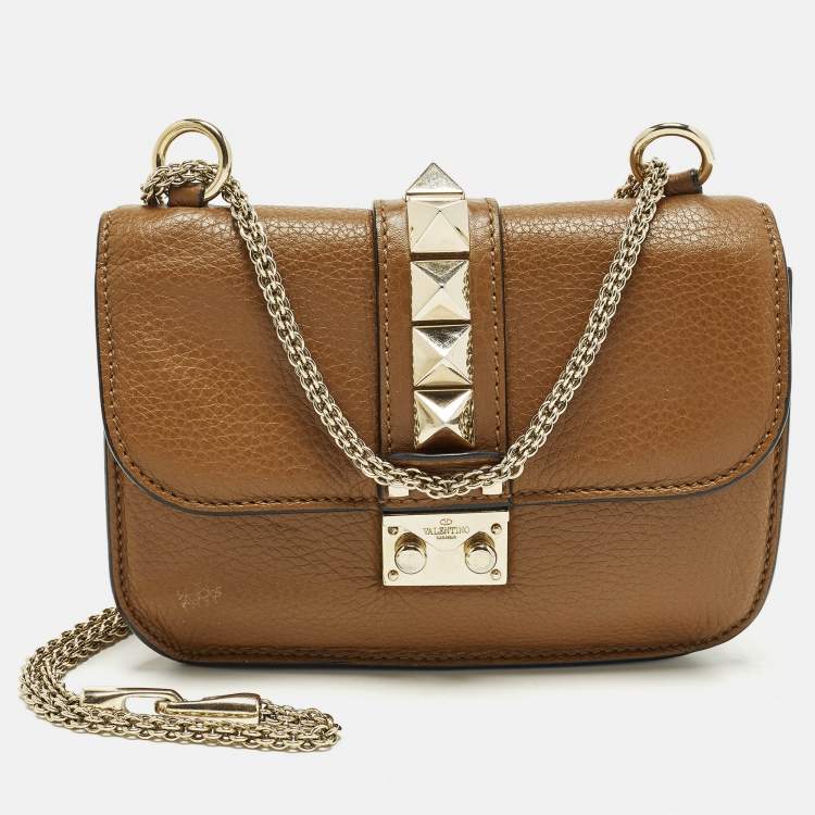 Pre Owned Valentino Glam Lock Small Brown Leather Rockstud Chain Shoulder Bag