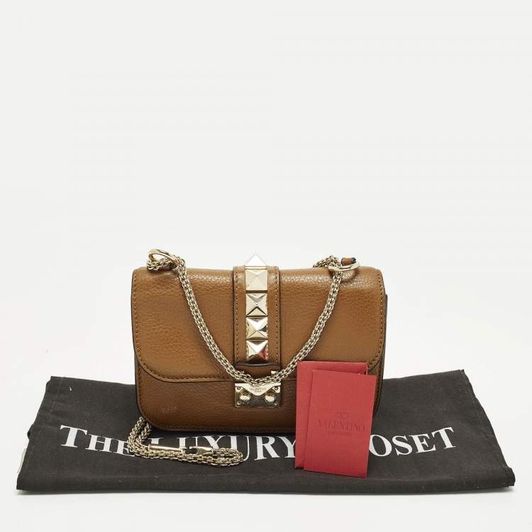 Pre Owned Valentino Glam Lock Small Brown Leather Rockstud Chain Shoulder Bag
