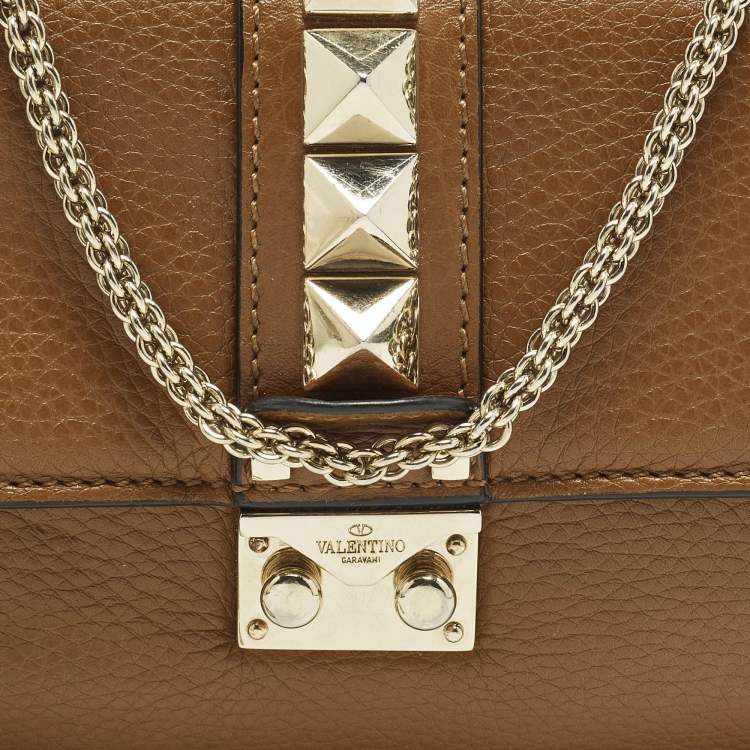 Pre Owned Valentino Glam Lock Small Brown Leather Rockstud Chain Shoulder Bag