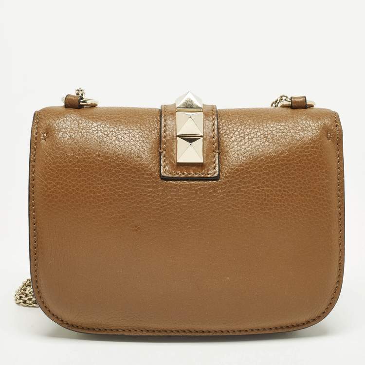 Pre Owned Valentino Glam Lock Small Brown Leather Rockstud Chain Shoulder Bag