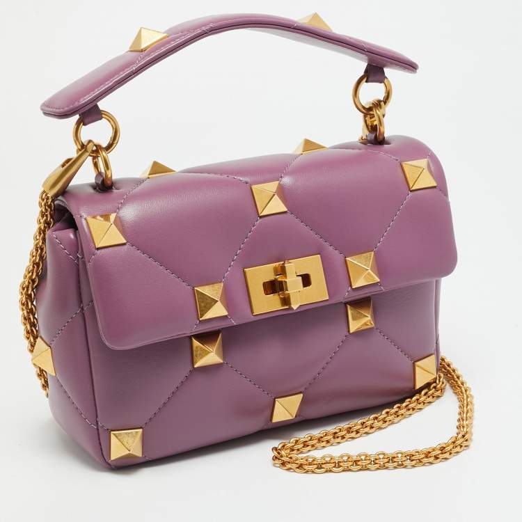 Pre Owned Valentino Roman Stud Medium Lilac Quilted Leather Top Handle Bag