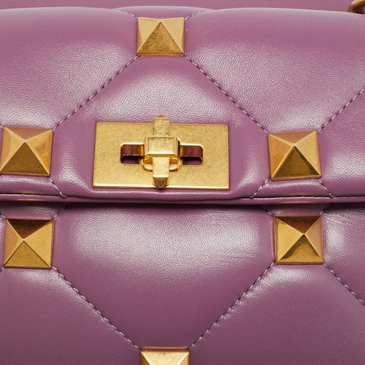 Pre Owned Valentino Roman Stud Medium Lilac Quilted Leather Top Handle Bag