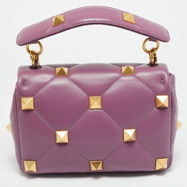 Pre Owned Valentino Roman Stud Medium Lilac Quilted Leather Top Handle Bag