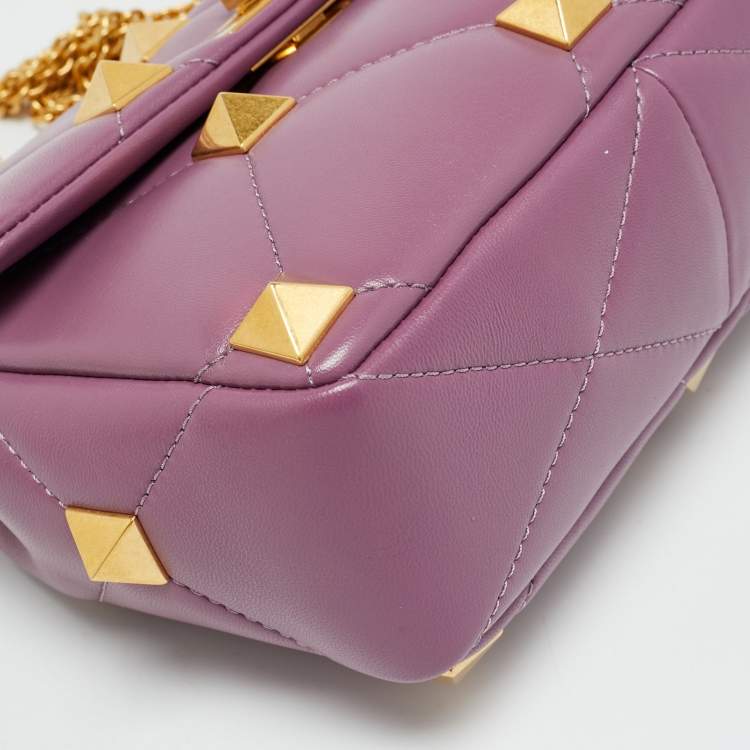 Pre Owned Valentino Roman Stud Medium Lilac Quilted Leather Top Handle Bag