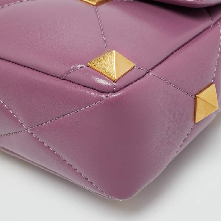 Pre Owned Valentino Roman Stud Medium Lilac Quilted Leather Top Handle Bag
