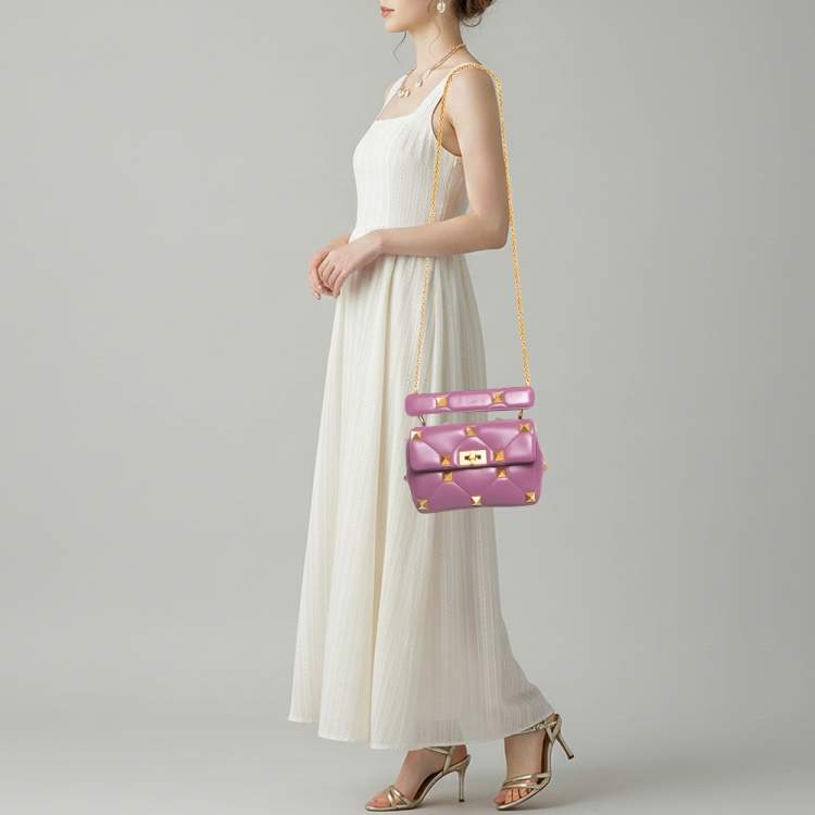 Pre Owned Valentino Roman Stud Medium Lilac Quilted Leather Top Handle Bag