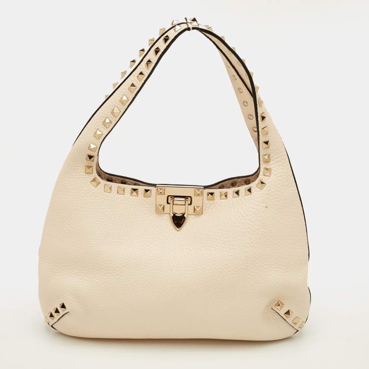 Pre Owned Valentino Rockstud Small Cream Leather Flip Lock Hobo